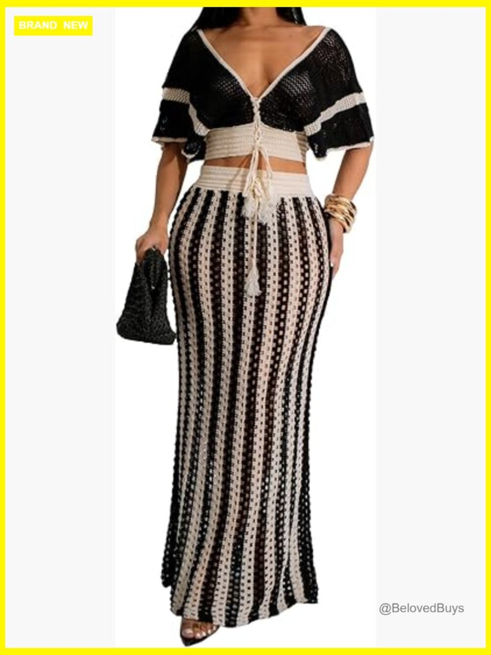 Two Piece Skirt Set Crochet Knit Hollow Out V Neck Drawstring Top Maxi Skirt
